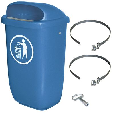 50 Liter Abfallbehälter blau im Komplettset m. Schellenband zur Pfahlbefestigung
