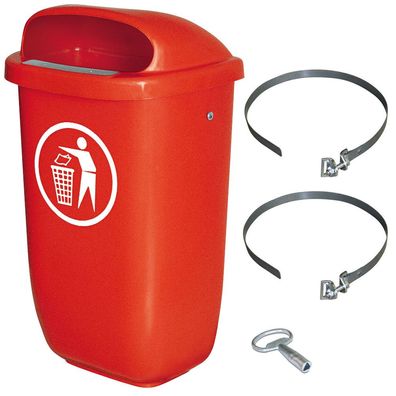 50 Liter Abfallbehälter rot im Komplettset mit Schellenband zur Pfahlbefestigung