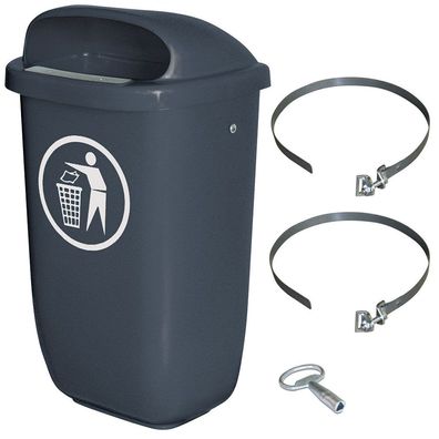 50 Liter Müllbehälter anthrazit im Komplettset, Schellenband z. Pfahlbefestigung