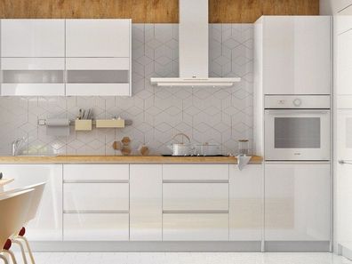 Grifflose Hochglanz Einbauküche Küchenzeile Campari 300 cm 8-tlg Weiß, Grau, Schwarz