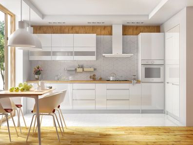 Grifflose Hochglanz Küchenzeile Einbauküche Campari 360 cm 10-tlg Weiß, Grau, Schwarz