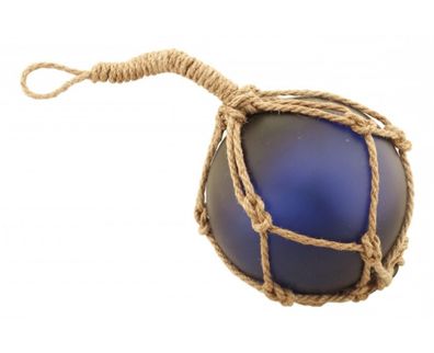 Fischernetz Kugel, Fischerkugel aus Glas im Netz, Blau gefrostet Ø 12,5 cm