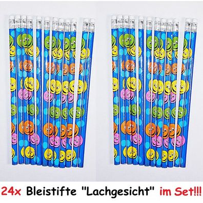24x Bleistifte Lachgesicht Smiley Stift Schreibstift mit Radierer Schule Zeichnen