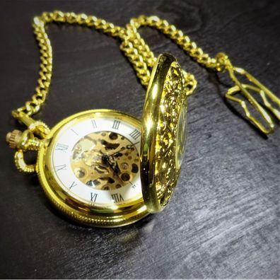Fantasy Taschenuhr goldfarben mechanisches Uhrwerk Uhr Mineralglas Kette Handaufzug