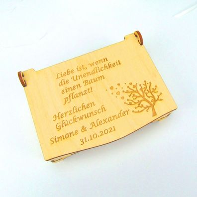 Personalisierte Schatzkiste " Zur Hochzeit " als Gutschein oder Geldgeschenk in Holz
