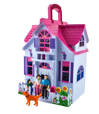 Puppenhaus Klappbar 6 Zimmer Möbel Figuren Familie mit Hund Spielzeug Tragbar 6079