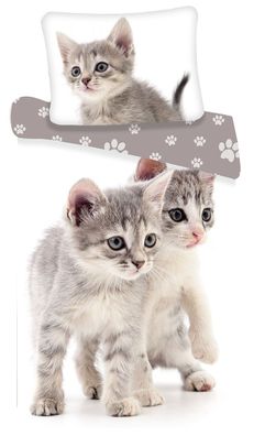 Bettwäsche Bettbezug graue Kitten 140 x 200 + 70 x 90 cm, 100% Baumwolle mit Rei