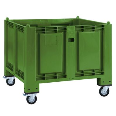 Palettenbox, 4 Lenkrollen, 2 Bremsen, LxBxH 1200x800x1000 mm, grün, geschlossen