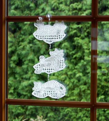 Plauener Spitze Fensterbild Katzen Fensterschmuck Scheibendekoration Mobile Weiß