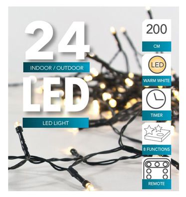 LED Lichterkette 24 LED - 200 cm / Timer / Fernbedienung - Innen + Außen warmweiß