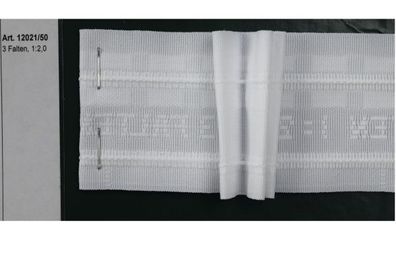 10 m. Gardinenband, 50 mm, Faltenband mit 3 Falten, 1/2,0, Weiß, Raffband 12021