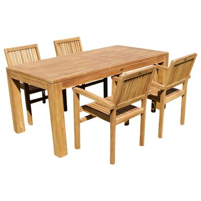 TEAK SET Gartengarnitur Gartentisch 180x90cm + 4 Miami Sessel stapelbar Teakholz