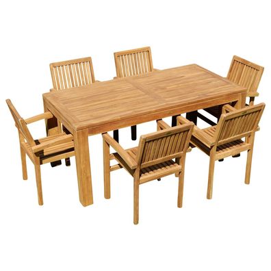 TEAK SET Gartengarnitur Gartentisch 180x90cm + 6 Miami Sessel stapelbar Teakholz