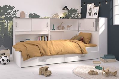 Parisot Stauraumbett "Snoop 1" Weiß mit 3x Regalen Jugendbett Kinderzimmer Bett