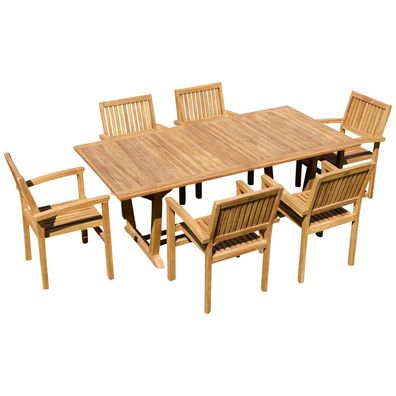 TEAK SET Gartengarnitur Gartentisch 180-240x100 cm + 6 Miami Sessel stapelbar