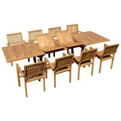 TEAK SET Gartengarnitur Gartentisch 300x100 cm + 8 Miami Sessel stapelbar