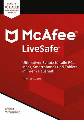 McAfee LiveSafe|unbegrenzte Geräte|immer aktuell für 1 Jahr|Product-Key Card