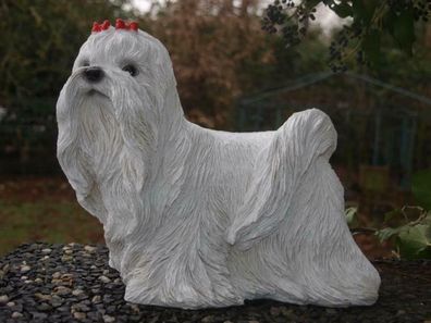 Malteser Deko Figur H 27cm x 30cm lebensecht Hundefigur Gartenfigur Neuheit Deko