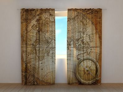 Fotogardine alter Kompass auf Karte, Vorhang mit Motiv, Digitaldruck, Gardine auf Maß