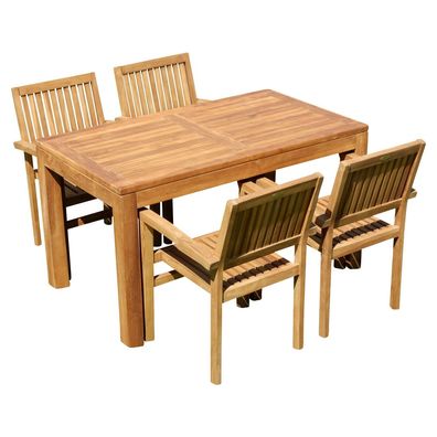 TEAK SET Gartengarnitur Gartentisch 140x80cm + 4 Miami Sessel stapelbar Teakholz