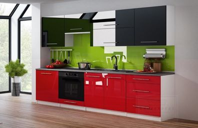 Küchenzeile Linda Schwarz/ Rot Hochglanz + Korpus in Weiß 260 cm Küche