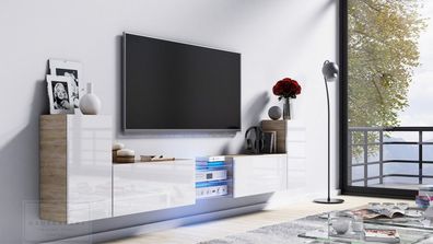 Tv Lowboard Galaxy Weiß Hochglanz/ Sonoma MDF Design Board HiFi Tisch Beleuchtung