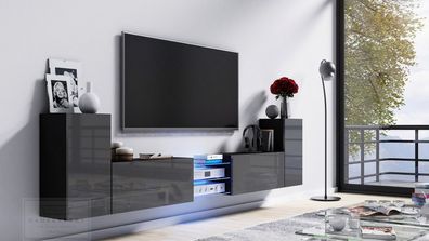 Tv Lowboard Galaxy Grau Hochglanz/ Schwarz MDF Design Board HiFi Tisch Beleuchtung