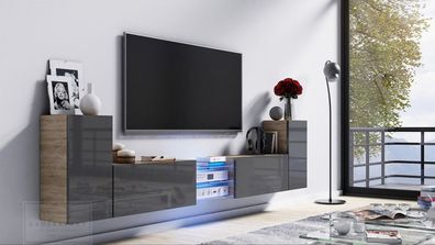 Tv Lowboard Galaxy Grau Hochglanz/ Sonoma MDF Design Board HiFi Tisch Beleuchtung