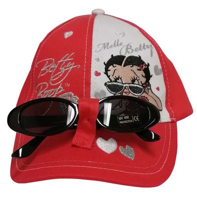 Betty Boop Mütze Kappe Basecap mit Herzchen inkl. Sonnenbrille für Kinder Rot Gr