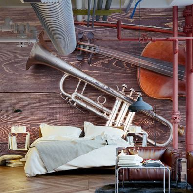 Muralo Selbstklebende Fototapeten XXL Wonnzimmer Geige Trompete Bretter 3654