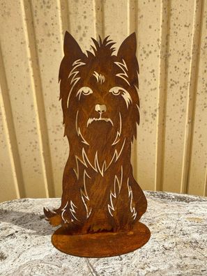 Hund Terrier sitzend 50x27cm auf Platte Edelrost Rost Metall Rostfigur Hund