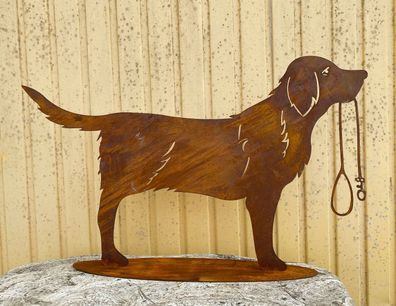 Golden Retriever Hund mit Leine stehend 88x52cm auf Platte Edelrost Rost Metall