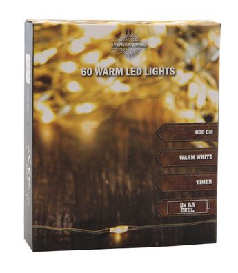 Drahtbeleuchtung 60 LED / 600cm / Timer - Micro Draht Lichterkette warmweiß