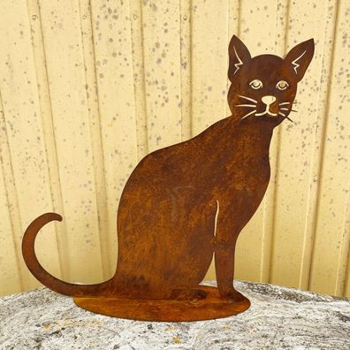Katze sitzend auf Platte und schaut 47x45cm Edelrost Rost Metall Rostfigur
