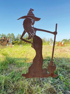 Sexy Hexe stehend mit Besen 40x23cm Gartenstecker Edelrost Rost Metall Halloween