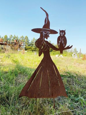 Hexe mit Eule auf dem Arm 50x30cm Gartenstecker Edelrost Rost Metall Halloween