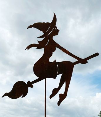 Junge hübsche Hexe auf Besen fliegend 60x58cm + Stab Edelrost Gartenstecker Metall