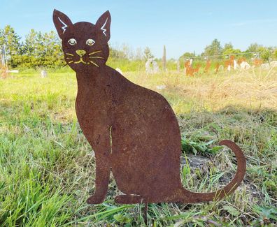 Katze sitzend und schaut 47x45cm Gartenstecker Edelrost Rost Metall Rostfigur