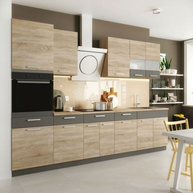Küche ALINA mit Hochschrank 300 cm Küchenzeile Einbauküche Sonoma Eiche