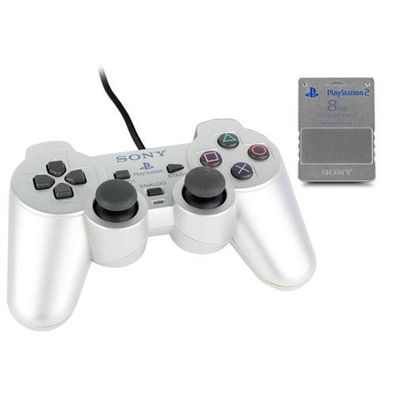 Original Playstation 2 Controller Silber + Orig 8 Mb Memory Card in Silber Ps2