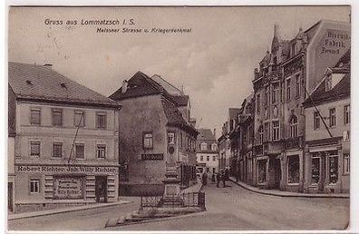 67602 Ak Gruss aus Lommatzsch i.S. Meissner Strasse u. Kriegerdenkmal 1917