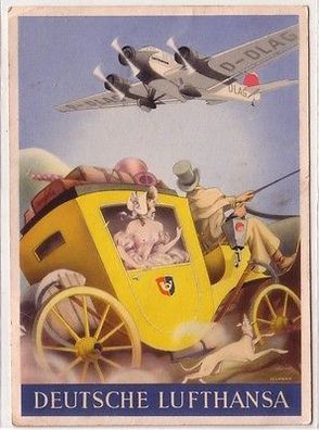 65810 Reklame Ak Deutsche Lufthansa Flugzeug über Postkutsche um 1930