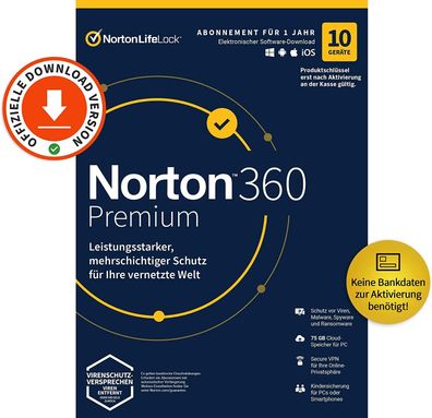 Norton 360 Premium 10 Geräte 1 Jahr mit 75GB Cloudspeicher KEIN ABO