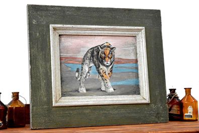 Gemälde handgemalt Bengal Tiger Vintage Bild Wandbild 44 x 50cm Königstiger Teak Holz