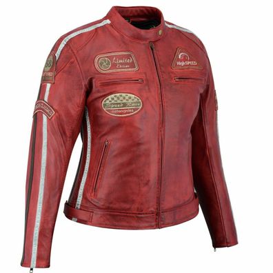 Damen Lederjacke, Echte Lederjacke mit CE Rüstung, Motorradjacke, Rot