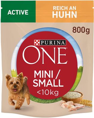 8er Pack (8x800g) PURINA ONE Mini / Small Active Hundefutter Huhn&Reis, 4,53€/ kg