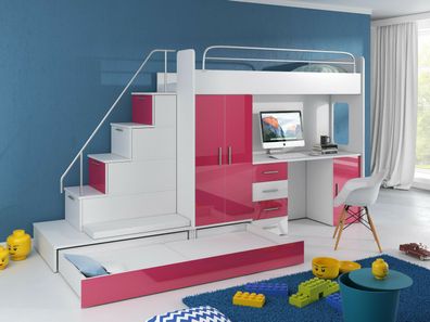 Hochbett MAJA mit Schreibtisch, Kinderbett Kleiderschrank Treppe Set Etagenbett