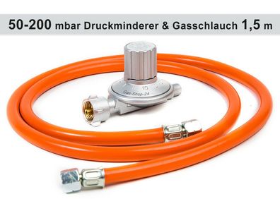 50 - 200 mbar verstellbarer Druckminder + 150 cm Gas-Schlauch Regler (30) 1,5 m