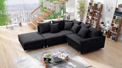 Modernes Sofa Couch Ecksofa Eckcouch in Gewebestoff schwarz mit Hocker Minsk L