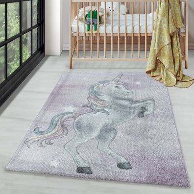 Kurzflor Kinderteppich Kinderzimmer Teppich Muster Einhorn Sterne Weich Violet